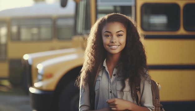 Happy black skinned girl standing near school bus african american girl back to school backpack