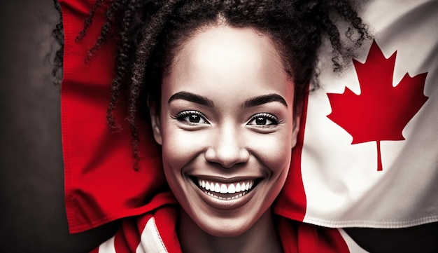 Счастливая темнокожая женщина улыбается на фоне национального флага Канады Generative AI