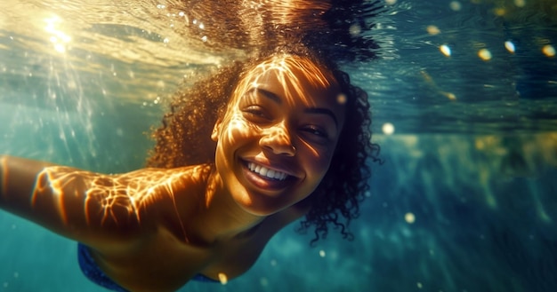 Happy black woman swimming under water in public swimming poolholiday relaxtionactivewatersportbeaut