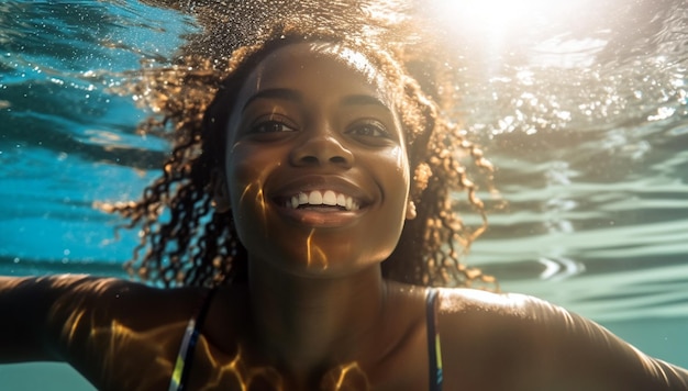 Happy black woman swimming under water in public swimming poolholiday relaxtionactivewatersportbeaut