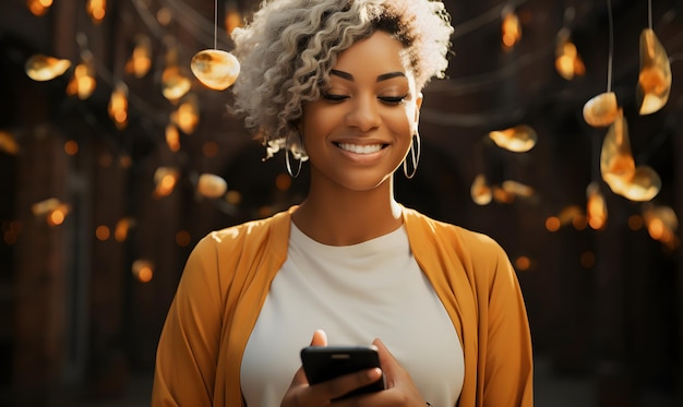Счастливая чернокожая женщина пользуется своим смартфоном