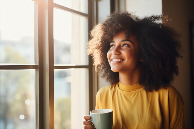 幸せな黒人女性がコーヒーやお茶を飲み 笑顔の人が窓の外を見ている