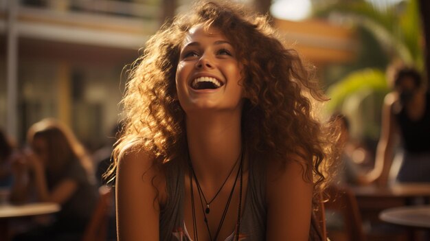 happy black woman with curly hair smiling while standing in the garden