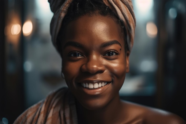 Happy black woman with towel on head in bathroom Portrait smiling wet african american woman after shower looking at camera hygiene self care Generative AI