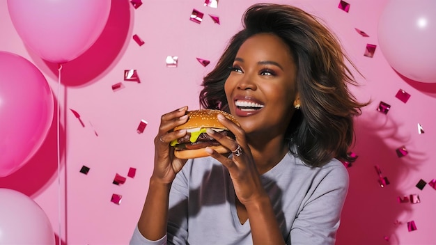 Happy black woman with wavy hairs eating tasty cheeseburger on pink