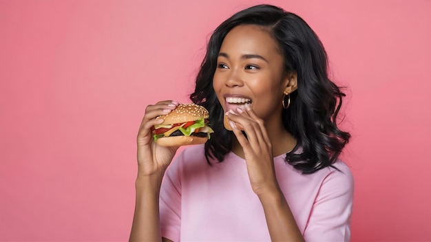 Счастливая чернокожая женщина с волнистыми волосами ест вкусный чизбургер на розовом