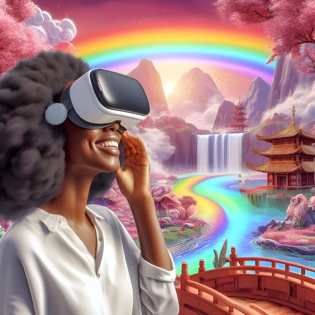 Foto una donna nera felice che indossa un visore vr in uno shangrila con un'arte digitale arcobaleno