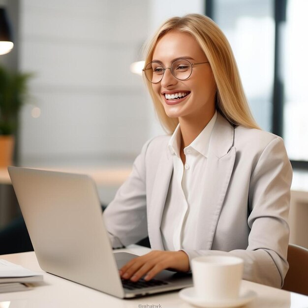 Photo happy blond businesswoman sitting with laptop at table