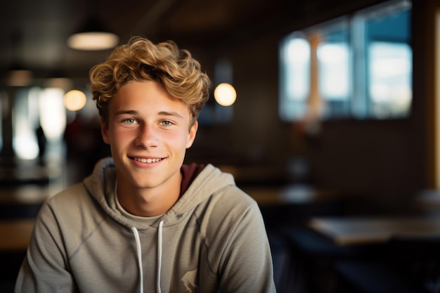 Foto studente biondo felice che indossa una felpa in classe al liceo