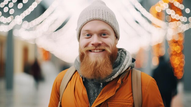 Foto uomo biondo felice in un centro commerciale luminoso che compra regali di natale in vendita il venerdì nero