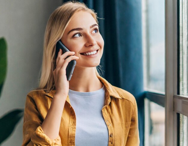 写真 家で携帯電話で話している幸せな金の若い女性が窓の近くに立って外を見回します