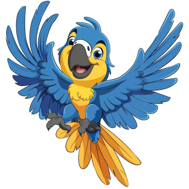 happy blue and yellow parrot flying with open wings