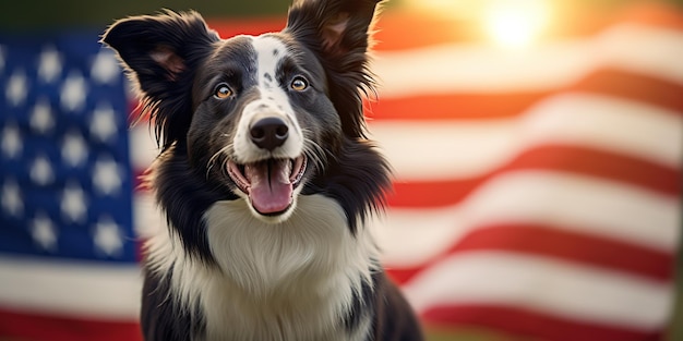 Happy border collie carrying USA flag