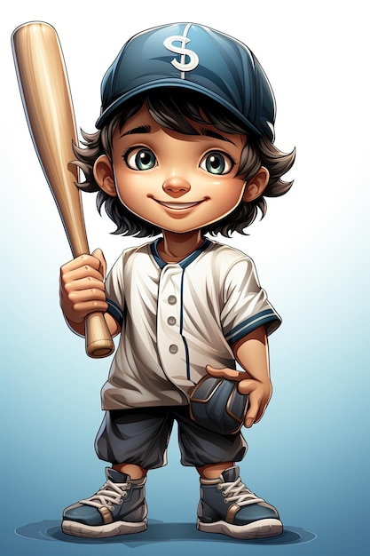 happy boy baseball player in a cap with a bat in his hands Cartoon character on a white isolated background