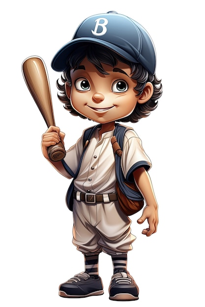 happy boy baseball player in a cap with a bat in his hands Cartoon character on a white isolated background