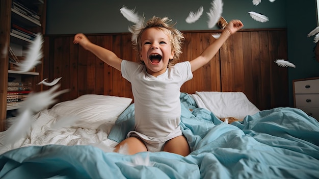 happy boy in bed enjoy with feather pillow flying everywhere