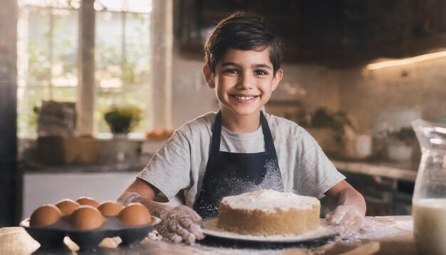 happy boy cooking a cake