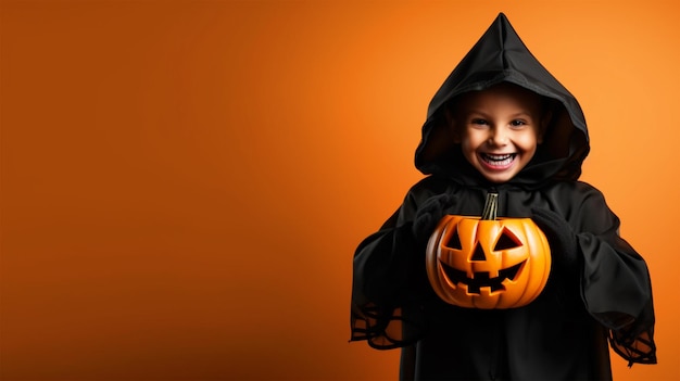 Happy boy dressed as wizard for halloween standing in front of isolated background