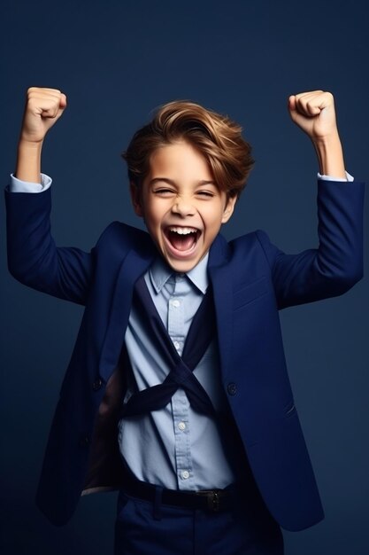 写真 幸せな男の子はスタイリッシュな服を着て 成功を祝います 手を挙げて 青い背景に孤立した拳を上げます