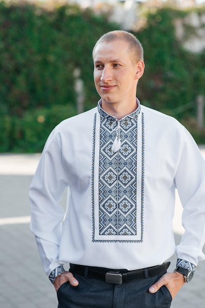 happy boy in an embroidered shirt