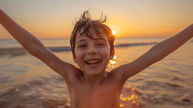 해가 지는 해변을 즐기는 행복한 소년