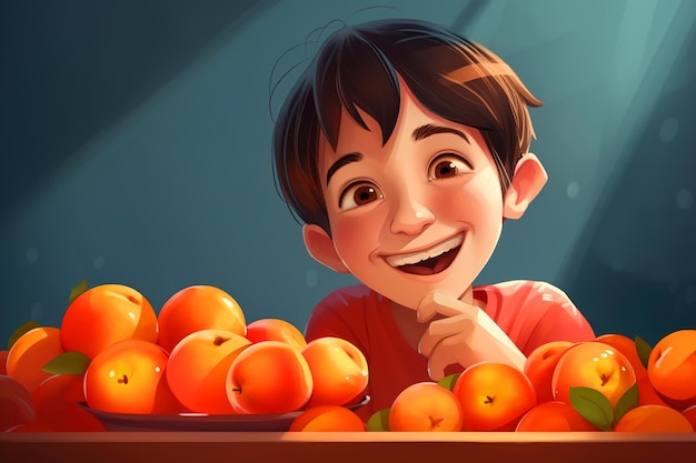 Happy boy and fruits Cartoon illustration of cheerful child and ripe apples Generative AI