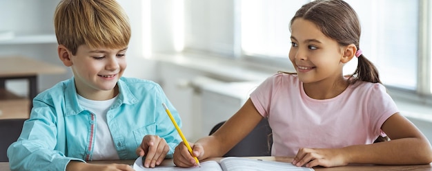 The happy boy and a girl doing homework at the desk