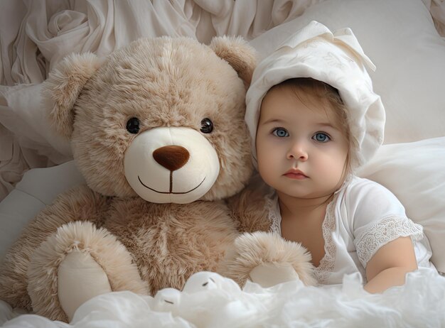 Happy boy or girl with wool cap lying with Teddy bear under the blanket on bed Created with Generative AI technology
