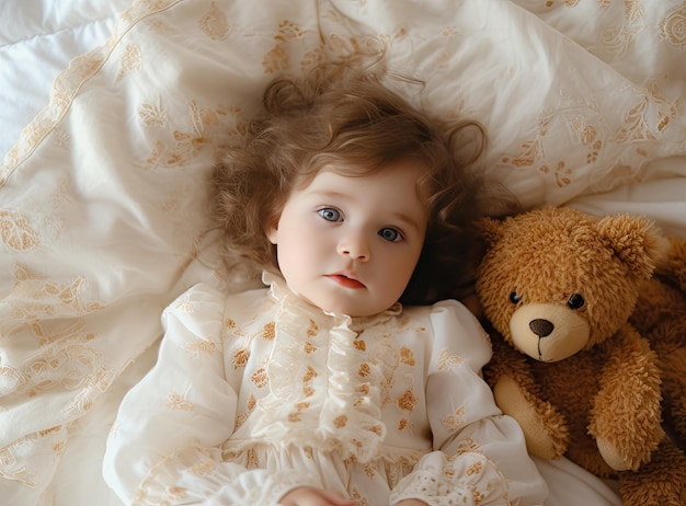 Счастливый мальчик или девочка в шерстяной шапке лежит с мишкой Тедди под одеялом на кровати. Создано с помощью технологии генеративного искусственного интеллекта.