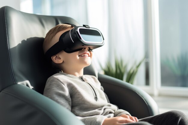 Happy boy in glasses for virtual reality sitting in a chair