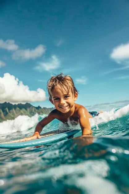 Photo a happy boy learning to surf