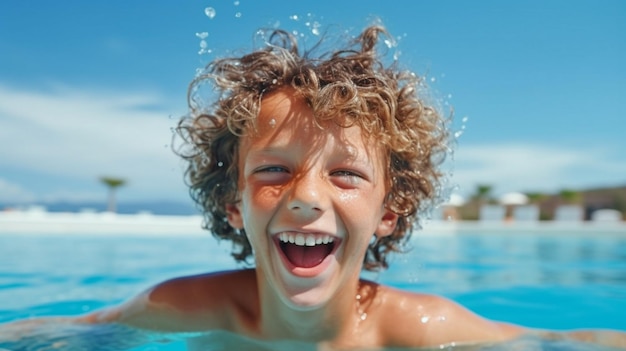 happy boy playing and in swimming pool