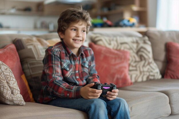 Happy Boy Playing Video Games at Home with AI generated