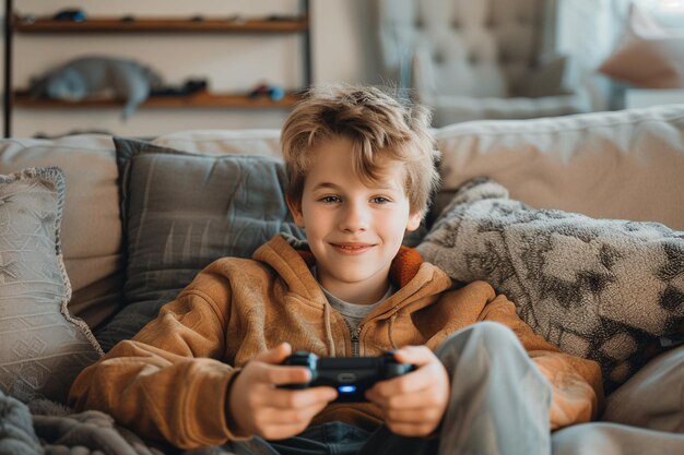 Happy Boy Playing Video Games at Home with AI generated