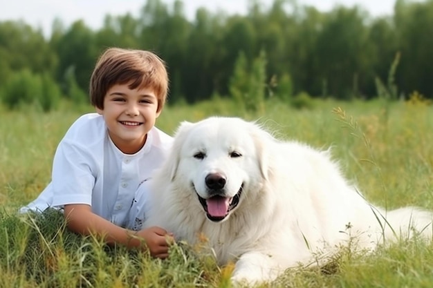 잔디에서 개와 함께 놀고 있는 행복한 소년
