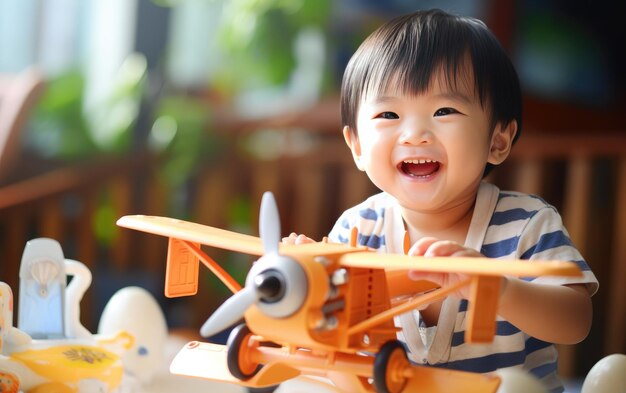 Happy boy playing with a toy airplane