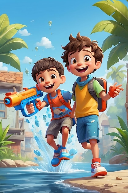 Happy Boy Playing with Water Gun