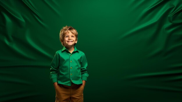 Photo happy boy standing on emerald background