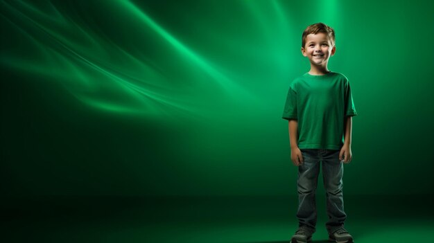 Photo happy boy standing on emerald background