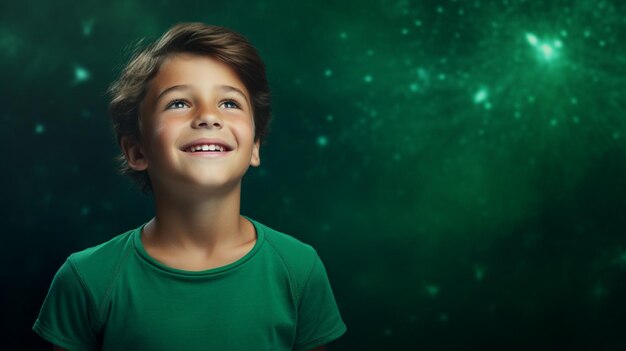 Photo happy boy standing on emerald background