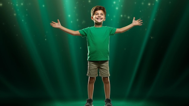 Photo happy boy standing on emerald background