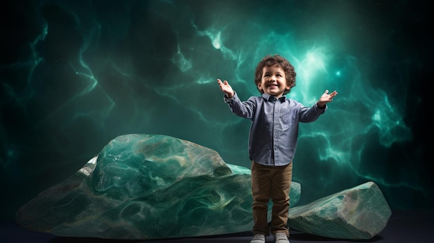 Photo happy boy standing on jade background