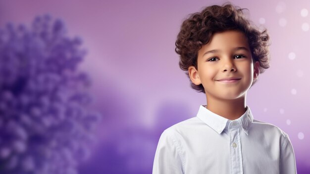 Photo happy boy standing on lilac background