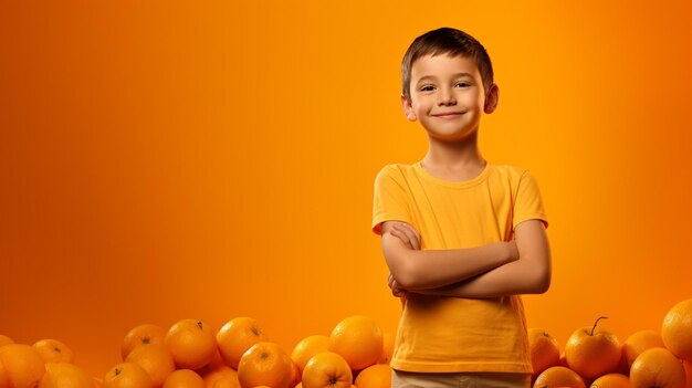 Photo happy boy standing on tangerine background