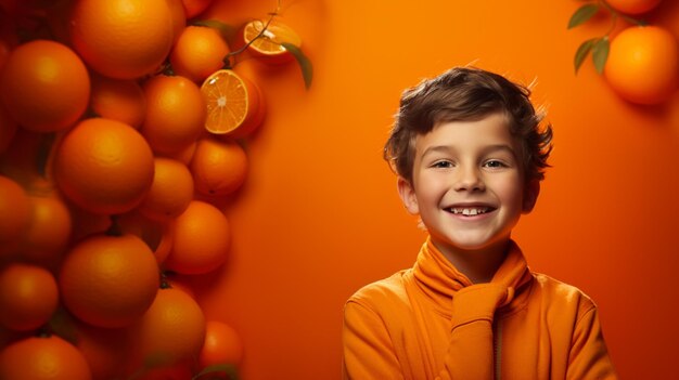 Photo happy boy standing on tangerine background