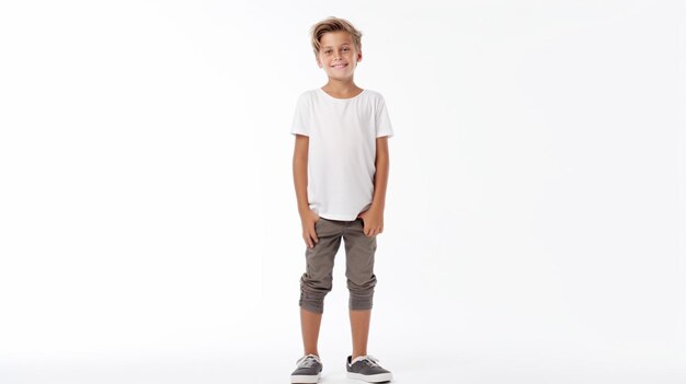 Photo happy boy standing on white background