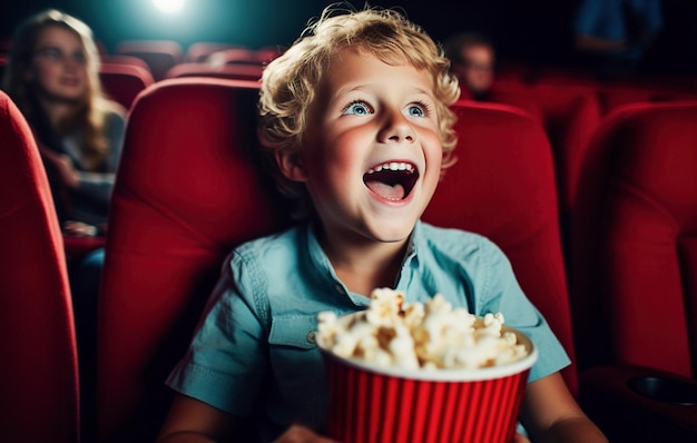 Happy boy watching movie in the cinema eating popcorn