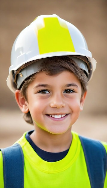 Happy boy wearing helmet or hard hat imitate builder or engineer