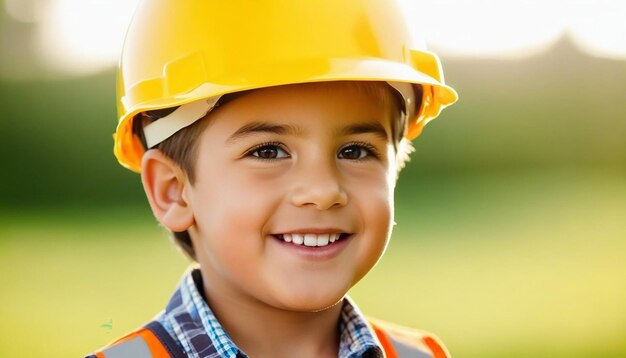 Happy boy wearing helmet or hard hat imitate builder or engineer