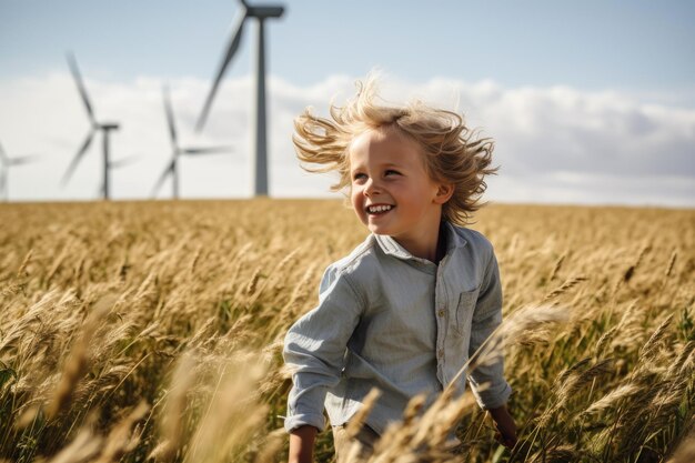 Happy boy among the wheat field Generative ai